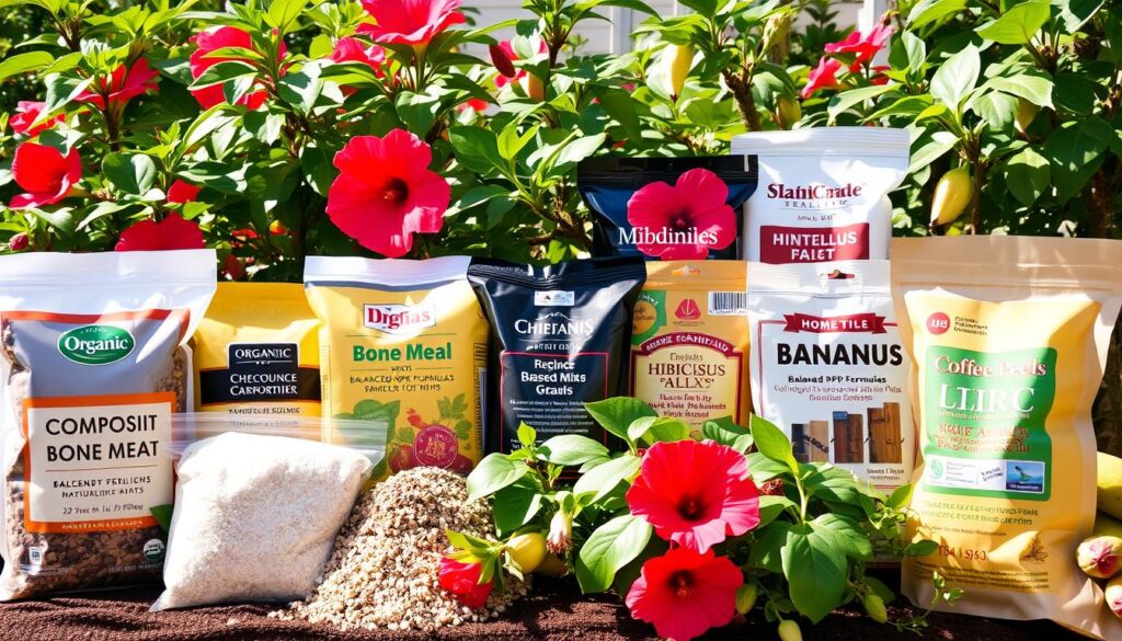 A lush, vibrant display of various fertilizers suitable for thriving hibiscus plants. In the foreground, an assortment of organic fertilizers, including compost, bone meal, and blood meal, are carefully arranged. The middle ground showcases a range of mineral-based nutrients, such as balanced NPK formulas and specialized hibiscus mixes, each in distinctive packaging. In the background, a selection of simple, homemade solutions like banana peels and coffee grounds suggest the versatility of natural fertilizing options. The scene is bathed in warm, natural lighting, highlighting the diverse textures and colors of the different fertilizer types. The overall composition conveys the essential information for optimally nourishing and maintaining healthy, vibrant hibiscus plants. A lush, vibrant display of various fertilizers suitable for thriving hibiscus plants. In the foreground, an assortment of organic fertilizers, including compost, bone meal, and blood meal, are carefully arranged. The middle ground showcases a range of mineral-based nutrients, such as balanced NPK formulas and specialized hibiscus mixes, each in distinctive packaging. In the background, a selection of simple, homemade solutions like banana peels and coffee grounds suggest the versatility of natural fertilizing options. The scene is bathed in warm, natural lighting, highlighting the diverse textures and colors of the different fertilizer types. The overall composition conveys the essential information for optimally nourishing and maintaining healthy, vibrant hibiscus plants.