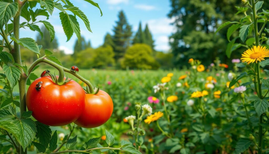 A lush, vibrant garden scene depicting the principles of biological pest control for tomato cultivation. In the foreground, healthy tomato plants stand tall, their leaves glistening with dewdrops. Beneficial insects, such as ladybugs and lacewings, are seen perched on the foliage, ready to prey on common garden pests. The middle ground showcases strategically placed companion plants, their fragrant flowers and herbs attracting a diverse array of pollinators. In the background, a verdant backdrop of towering trees and a clear, azure sky create a serene, balanced ecosystem. Soft, diffused lighting illuminates the scene, conveying a sense of natural harmony and sustainable agricultural practices. A lush, vibrant garden scene depicting the principles of biological pest control for tomato cultivation. In the foreground, healthy tomato plants stand tall, their leaves glistening with dewdrops. Beneficial insects, such as ladybugs and lacewings, are seen perched on the foliage, ready to prey on common garden pests. The middle ground showcases strategically placed companion plants, their fragrant flowers and herbs attracting a diverse array of pollinators. In the background, a verdant backdrop of towering trees and a clear, azure sky create a serene, balanced ecosystem. Soft, diffused lighting illuminates the scene, conveying a sense of natural harmony and sustainable agricultural practices.
