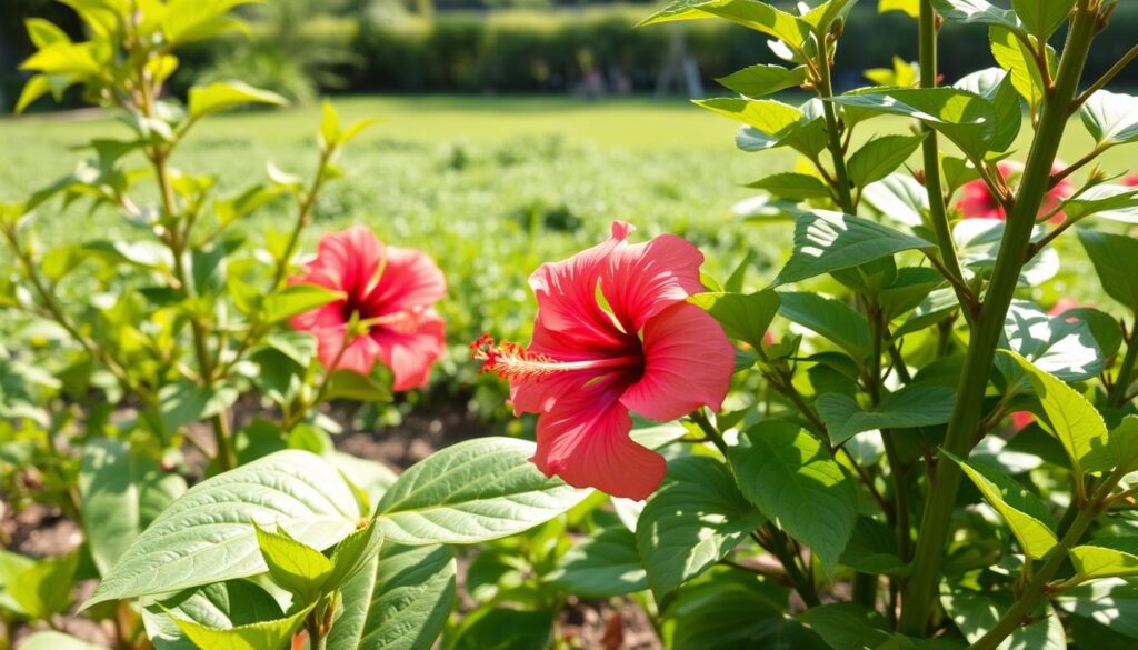 A lush, vibrant garden scene showcasing the nourishment of a flourishing hibiscus plant. In the foreground, the hibiscus' large, tropical-inspired foliage unfurls gracefully, its leaves glistening with a healthy sheen under the soft, warm sunlight. The middle ground reveals the plant's robust, deep-green stems, supporting the blooming, captivating flowers in shades of crimson and fuchsia. In the background, a well-tended, verdant landscape frames the hibiscus, hinting at the optimal growing conditions that enable its thriving state. The scene conveys a sense of balance, vitality, and the thoughtful application of nutrients to nourish this vibrant, garden-variety hibiscus. A lush, vibrant garden scene showcasing the nourishment of a flourishing hibiscus plant. In the foreground, the hibiscus' large, tropical-inspired foliage unfurls gracefully, its leaves glistening with a healthy sheen under the soft, warm sunlight. The middle ground reveals the plant's robust, deep-green stems, supporting the blooming, captivating flowers in shades of crimson and fuchsia. In the background, a well-tended, verdant landscape frames the hibiscus, hinting at the optimal growing conditions that enable its thriving state. The scene conveys a sense of balance, vitality, and the thoughtful application of nutrients to nourish this vibrant, garden-variety hibiscus.