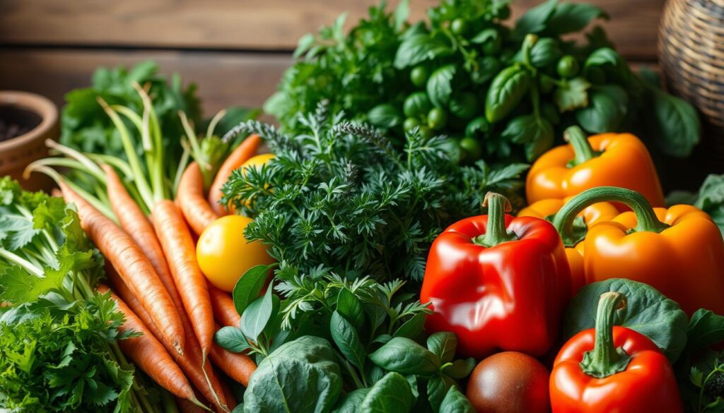 A lush, vibrant selection of vegetables and herbs arranged in a natural, rustic setting. In the foreground, a variety of leafy greens, carrots, and bell peppers are neatly displayed, their colors and textures accentuated by soft, warm lighting. In the middle ground, clusters of fresh parsley, dill, and basil add depth and aroma to the scene. The background features a wooden table or crate, creating a cozy, earthy atmosphere, with hints of natural elements like woven baskets or terracotta pots to further enhance the organic, rabbit-friendly ambiance. A lush, vibrant selection of vegetables and herbs arranged in a natural, rustic setting. In the foreground, a variety of leafy greens, carrots, and bell peppers are neatly displayed, their colors and textures accentuated by soft, warm lighting. In the middle ground, clusters of fresh parsley, dill, and basil add depth and aroma to the scene. The background features a wooden table or crate, creating a cozy, earthy atmosphere, with hints of natural elements like woven baskets or terracotta pots to further enhance the organic, rabbit-friendly ambiance.