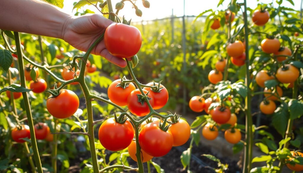 A lush, well-tended tomato garden in warm afternoon sunlight. In the foreground, a gardener's hands carefully pruning and training the vines, removing suckers and dead leaves to encourage healthy growth. The middle ground showcases a variety of ripe, glistening tomatoes in shades of red, orange, and yellow, their fruits supported by sturdy cages or trellises. In the background, a verdant backdrop of flourishing tomato plants, their leaves rustling gently in a light breeze. The scene conveys a sense of tranquility, expertise, and the joys of bountiful, flavorful homegrown produce. A lush, well-tended tomato garden in warm afternoon sunlight. In the foreground, a gardener's hands carefully pruning and training the vines, removing suckers and dead leaves to encourage healthy growth. The middle ground showcases a variety of ripe, glistening tomatoes in shades of red, orange, and yellow, their fruits supported by sturdy cages or trellises. In the background, a verdant backdrop of flourishing tomato plants, their leaves rustling gently in a light breeze. The scene conveys a sense of tranquility, expertise, and the joys of bountiful, flavorful homegrown produce.