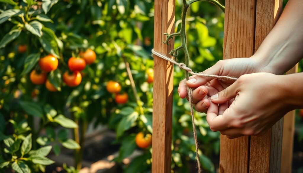 A meticulously composed image showcasing the proper technique for tying tomato plants. In the foreground, a pair of nimble hands carefully wrapping soft twine around a sturdy tomato stem, guiding it upwards along a wooden stake. The middle ground reveals lush, verdant tomato plants with plump, ripe fruit bursting with color. The background depicts a well-tended garden oasis, with sunlight filtering through the leaves and casting a warm, golden glow over the scene. The lighting is natural and diffused, creating a sense of tranquility and practicality. The camera angle is slightly elevated, providing a clear, unobstructed view of the task at hand, highlighting the simplicity and efficacy of this essential gardening practice.