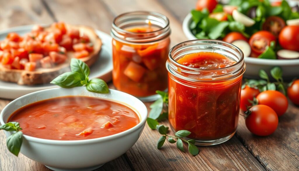 A mouthwatering spread of homemade tomato-based dishes, artfully arranged on a rustic wooden table. In the foreground, a steaming bowl of vibrant red tomato soup, garnished with fresh basil leaves. Beside it, a platter of juicy tomato bruschetta, the crusty bread slices topped with diced tomatoes, garlic, and olive oil. In the middle ground, a glass jar filled with vibrant red tomato jam, the thick, glossy spread glistening in the soft, natural lighting. In the background, a colorful salad of mixed greens, cherry tomatoes, and sliced cucumbers, drizzled with a tangy vinaigrette. The composition is balanced, the colors and textures complementing each other, creating a visually appealing and appetizing scene that captures the essence of cooking with an abundance of tomatoes.