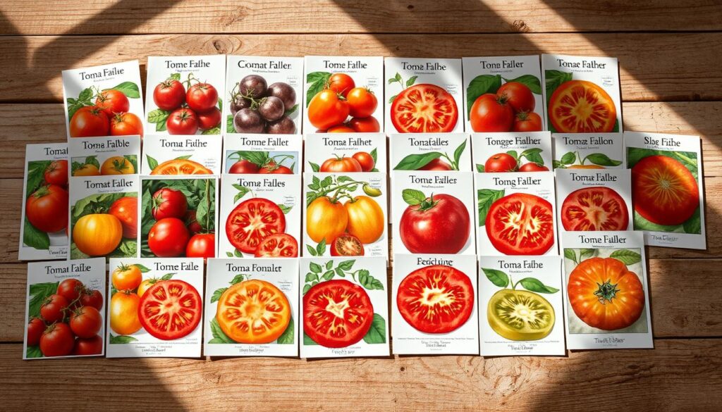 A neatly arranged display of various tomato seed packets, each showcasing distinct heirloom varieties with vibrant colors and intricate patterns. The seeds are meticulously laid out on a rustic wooden surface, allowing the viewer to closely examine the unique characteristics of each type. Soft, natural lighting gently illuminates the scene, casting subtle shadows and highlighting the textural details of the seed packets. The overall composition conveys a sense of thoughtful curation, inviting the viewer to explore the diversity and rich heritage of tomato cultivars. A neatly arranged display of various tomato seed packets, each showcasing distinct heirloom varieties with vibrant colors and intricate patterns. The seeds are meticulously laid out on a rustic wooden surface, allowing the viewer to closely examine the unique characteristics of each type. Soft, natural lighting gently illuminates the scene, casting subtle shadows and highlighting the textural details of the seed packets. The overall composition conveys a sense of thoughtful curation, inviting the viewer to explore the diversity and rich heritage of tomato cultivars.