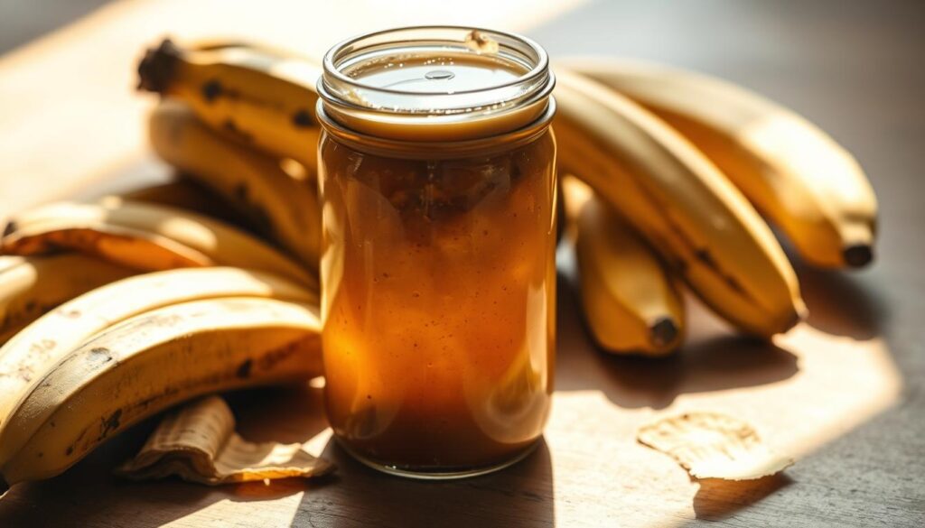 A rustic glass jar filled with a murky, brown liquid, surrounded by ripe bananas and their peels. The jar is illuminated by soft, natural light, casting warm shadows on the table. The overall scene conveys a sense of homemade, organic nourishment, with the banana peels representing the raw materials used to create this natural fertilizer. The image should have a slightly vintage, earthy tone to match the subject matter.