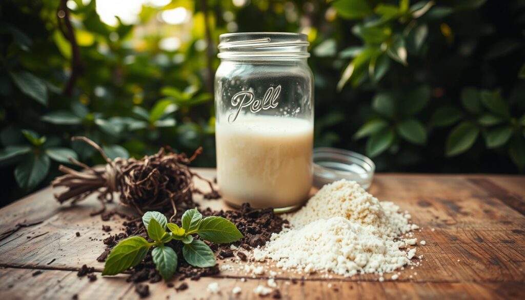 A rustic wooden table, the surface adorned with various ingredients - freshly crumbled yeast, a smattering of soil, and a glass jar filled with a bubbly, foaming liquid. In the background, lush, verdant foliage frames the scene, casting a warm, natural glow. The lighting is soft and diffused, creating an inviting, homespun atmosphere. The camera angle is slightly elevated, allowing the viewer to observe the process of creating a homemade yeast-based fertilizer, ready to nourish and enrich the earth.