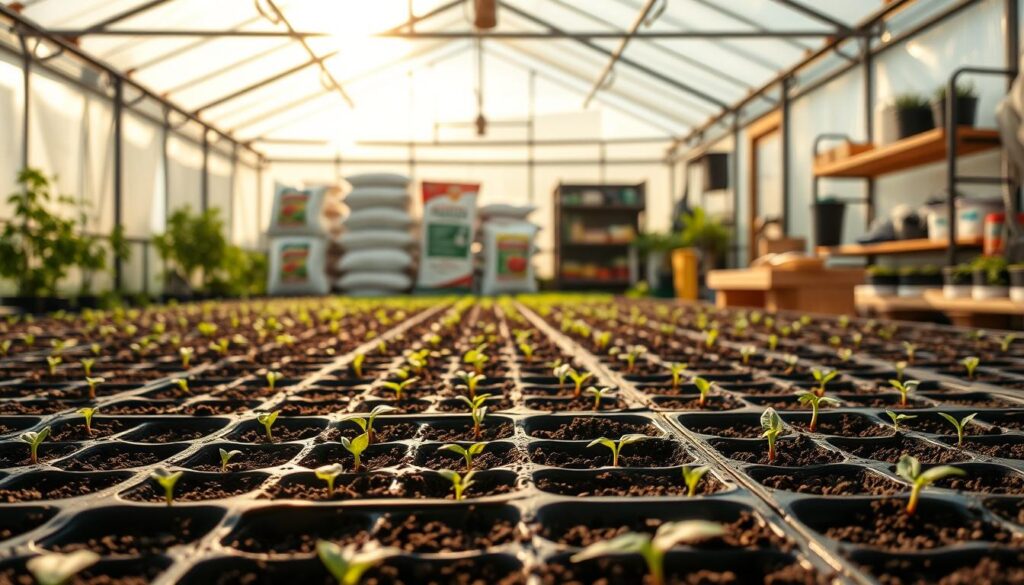 A sunlit greenhouse interior, the air warm and humid. In the foreground, rows of freshly sown tomato seeds sit in carefully tended seedling trays, their delicate green cotyledons just peeking through the rich, dark soil. Diffused daylight filters in through the translucent roof panels, casting a soft, even glow over the scene. The middle ground features neatly stacked bags of potting mix and organic fertilizer, while the background reveals a tidy work area with shelves of gardening tools and supplies. An atmosphere of nurturing care and attention to detail pervades the space, creating the optimal conditions for the tomato seedlings to thrive and grow. A sunlit greenhouse interior, the air warm and humid. In the foreground, rows of freshly sown tomato seeds sit in carefully tended seedling trays, their delicate green cotyledons just peeking through the rich, dark soil. Diffused daylight filters in through the translucent roof panels, casting a soft, even glow over the scene. The middle ground features neatly stacked bags of potting mix and organic fertilizer, while the background reveals a tidy work area with shelves of gardening tools and supplies. An atmosphere of nurturing care and attention to detail pervades the space, creating the optimal conditions for the tomato seedlings to thrive and grow.