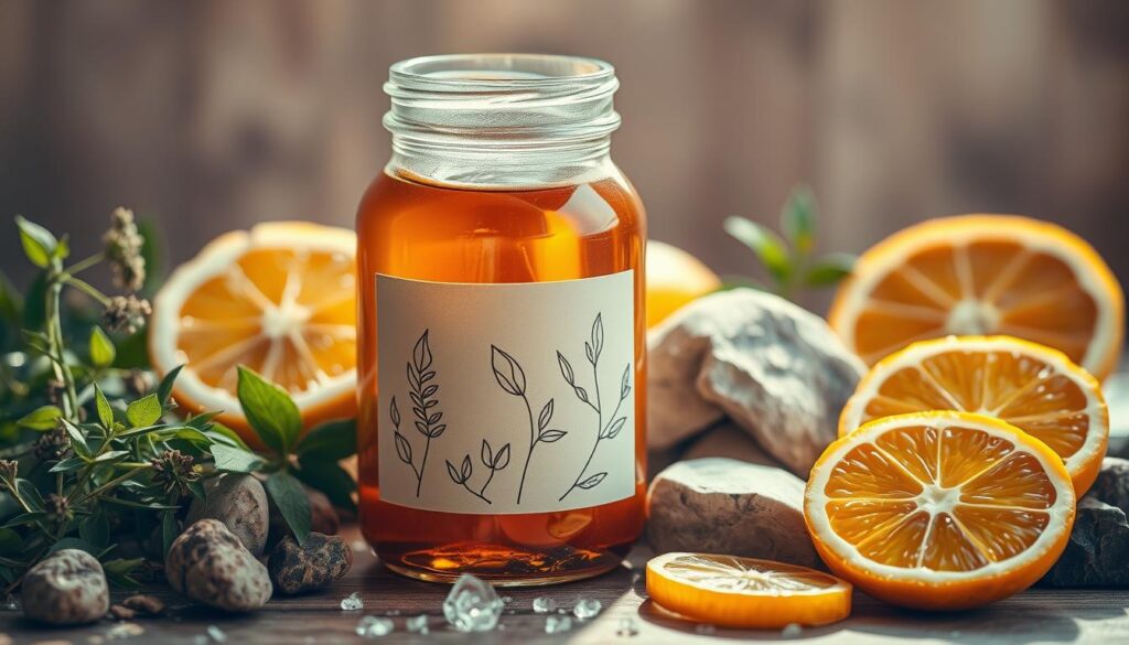 A vibrant glass jar filled with a clear, amber-hued liquid, surrounded by an array of natural ingredients like fresh herbs, sliced citrus fruits, and mineral-rich stones. The scene is bathed in warm, diffused sunlight, creating a soft, earthy ambiance. The jar's label features hand-drawn illustrations of plant leaves, subtly hinting at the natural, homemade nature of the solution. The overall composition evokes a sense of rustic simplicity and a connection to the nurturing power of nature, perfectly suited to illustrate the "Naturalne roztwory i odżywki do podlewania pomidorów" section.