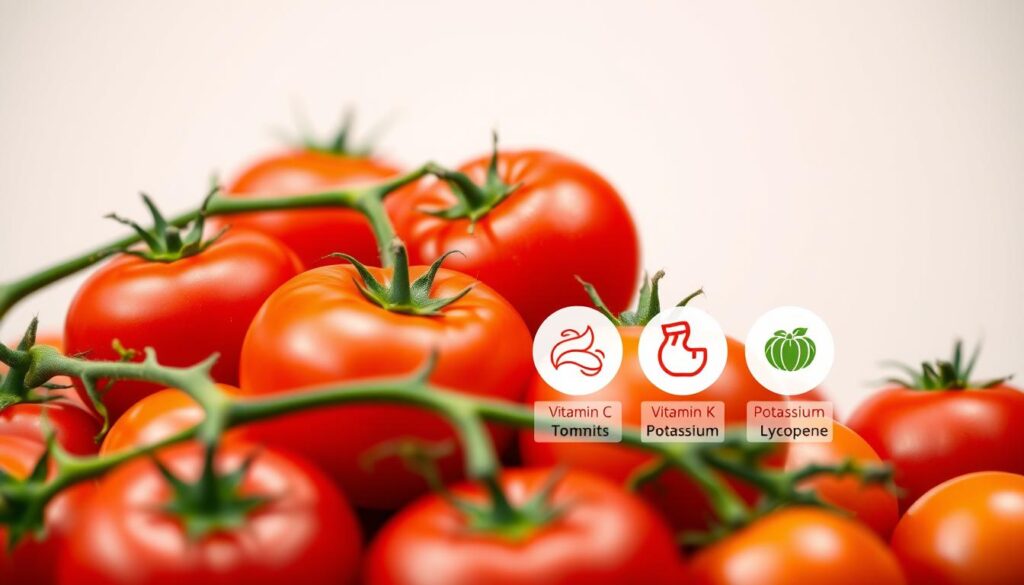 A vibrant, realistic still life depicting the nutritional value of tomatoes. In the foreground, a cluster of ripe, juicy tomatoes in various shades of red and orange, their skin glistening under soft, diffused lighting. In the middle ground, a series of infographic icons and labels highlighting the key vitamins, minerals, and antioxidants found in tomatoes, such as vitamin C, vitamin K, potassium, and lycopene. The background features a clean, neutral backdrop, allowing the produce and information to take center stage. The overall composition conveys the health benefits and nutritional profile of this versatile fruit, inspiring a sense of wholesome, natural goodness. A vibrant, realistic still life depicting the nutritional value of tomatoes. In the foreground, a cluster of ripe, juicy tomatoes in various shades of red and orange, their skin glistening under soft, diffused lighting. In the middle ground, a series of infographic icons and labels highlighting the key vitamins, minerals, and antioxidants found in tomatoes, such as vitamin C, vitamin K, potassium, and lycopene. The background features a clean, neutral backdrop, allowing the produce and information to take center stage. The overall composition conveys the health benefits and nutritional profile of this versatile fruit, inspiring a sense of wholesome, natural goodness.
