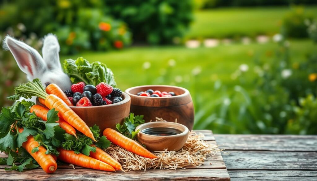 A well-lit and visually appealing still life scene of a rabbit's balanced diet. In the foreground, an assortment of leafy greens, carrots, and hay, neatly arranged on a rustic wooden surface. The middle ground features a wooden bowl brimming with fresh berries and a small ceramic dish of water. In the background, a lush, verdant garden landscape with soft, diffused lighting, creating a peaceful, naturalistic atmosphere. The composition emphasizes the importance of a varied, nutrient-rich diet for the health and well-being of the rabbit, with each element carefully selected to reflect the priorities and proportions of proper rabbit nutrition. A well-lit and visually appealing still life scene of a rabbit's balanced diet. In the foreground, an assortment of leafy greens, carrots, and hay, neatly arranged on a rustic wooden surface. The middle ground features a wooden bowl brimming with fresh berries and a small ceramic dish of water. In the background, a lush, verdant garden landscape with soft, diffused lighting, creating a peaceful, naturalistic atmosphere. The composition emphasizes the importance of a varied, nutrient-rich diet for the health and well-being of the rabbit, with each element carefully selected to reflect the priorities and proportions of proper rabbit nutrition.