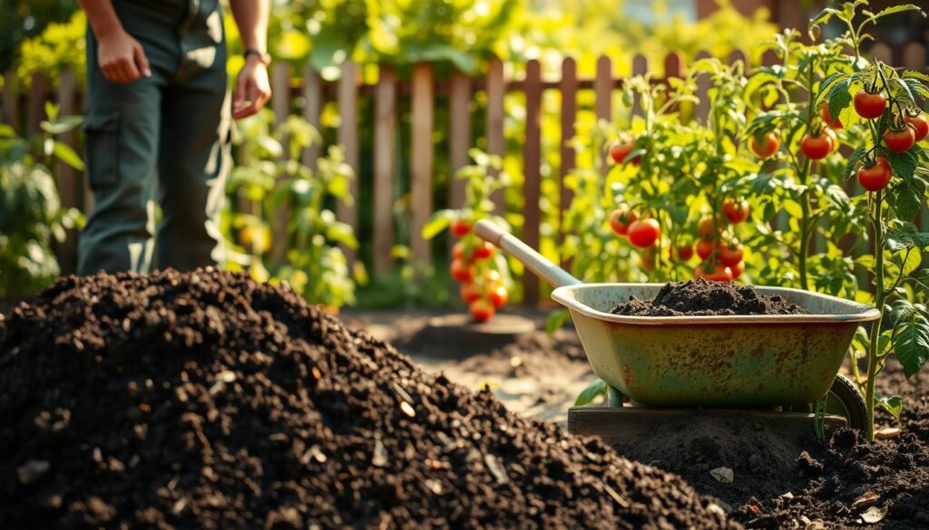 A well-lit garden scene, with a farmer tending to a compost pile in the foreground. The compost is dark, rich, and crumbly, ready to be incorporated into the soil. In the middle ground, a wheelbarrow filled with the prepared organic matter waits to be spread around the base of thriving tomato plants, their green foliage and red ripe fruits visible. In the background, a wooden fence and lush green foliage create a serene, natural backdrop. The lighting is warm and soft, casting gentle shadows and highlighting the textures of the compost and the tomato plants. The overall atmosphere conveys a sense of sustainable, mindful gardening practices. A well-lit garden scene, with a farmer tending to a compost pile in the foreground. The compost is dark, rich, and crumbly, ready to be incorporated into the soil. In the middle ground, a wheelbarrow filled with the prepared organic matter waits to be spread around the base of thriving tomato plants, their green foliage and red ripe fruits visible. In the background, a wooden fence and lush green foliage create a serene, natural backdrop. The lighting is warm and soft, casting gentle shadows and highlighting the textures of the compost and the tomato plants. The overall atmosphere conveys a sense of sustainable, mindful gardening practices.