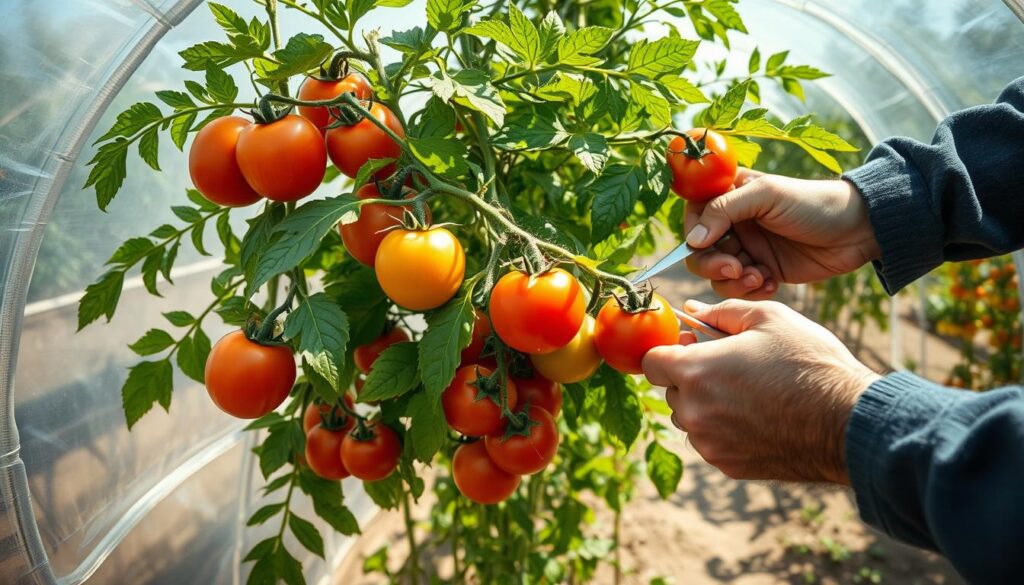 A well-lit, high-angle shot of a lush tomato plant growing inside a transparent plastic tunnel. The plant's verdant foliage and clusters of ripe, juicy tomatoes fill the frame, surrounded by the curved, translucent structure of the tunnel. Sunlight filters through the plastic, casting a warm, natural glow on the scene. The camera captures the grower carefully pruning the plant, gently snipping away dead leaves and suckers to encourage better airflow and fruit production. In the background, glimpses of other tomato plants and the tunnel's supporting frame can be seen, creating a sense of a thriving, organized growing environment. A well-lit, high-angle shot of a lush tomato plant growing inside a transparent plastic tunnel. The plant's verdant foliage and clusters of ripe, juicy tomatoes fill the frame, surrounded by the curved, translucent structure of the tunnel. Sunlight filters through the plastic, casting a warm, natural glow on the scene. The camera captures the grower carefully pruning the plant, gently snipping away dead leaves and suckers to encourage better airflow and fruit production. In the background, glimpses of other tomato plants and the tunnel's supporting frame can be seen, creating a sense of a thriving, organized growing environment.