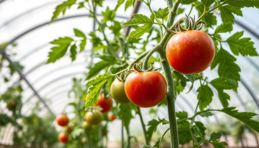 A well-lit, high-resolution close-up image of a tomato plant in a greenhouse tunnel. The plant's leaves and stems are lush and green, with no visible signs of disease or pests. In the foreground, several tomatoes are shown in various stages of ripeness, from green to deep red. The background features the interior of the greenhouse tunnel, with a clear plastic roof and walls allowing natural light to filter in. The overall scene conveys a sense of healthy, thriving tomato plants being cultivated in a protected, controlled environment. A well-lit, high-resolution close-up image of a tomato plant in a greenhouse tunnel. The plant's leaves and stems are lush and green, with no visible signs of disease or pests. In the foreground, several tomatoes are shown in various stages of ripeness, from green to deep red. The background features the interior of the greenhouse tunnel, with a clear plastic roof and walls allowing natural light to filter in. The overall scene conveys a sense of healthy, thriving tomato plants being cultivated in a protected, controlled environment.