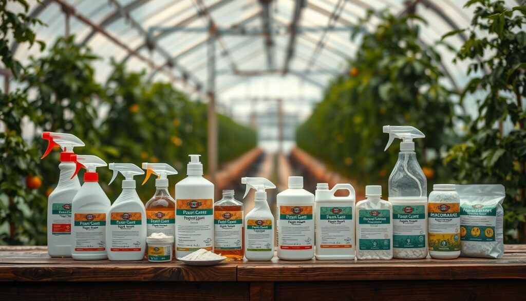 A well-lit, high-resolution image showcasing an assortment of disinfectant products for decontaminating a tomato greenhouse tunnel. In the foreground, various cleaning solutions, sprays, and powders are neatly arranged on a wooden surface, their labels clearly visible. The middle ground features a partially opened greenhouse tunnel, hinting at the application context. The background is blurred, creating a sense of depth and focus on the decontamination products. The overall mood is one of practicality and effectiveness, with a neutral color palette and clean, clinical aesthetic befitting the task at hand. A well-lit, high-resolution image showcasing an assortment of disinfectant products for decontaminating a tomato greenhouse tunnel. In the foreground, various cleaning solutions, sprays, and powders are neatly arranged on a wooden surface, their labels clearly visible. The middle ground features a partially opened greenhouse tunnel, hinting at the application context. The background is blurred, creating a sense of depth and focus on the decontamination products. The overall mood is one of practicality and effectiveness, with a neutral color palette and clean, clinical aesthetic befitting the task at hand.