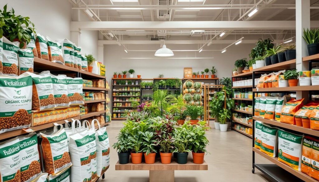 A well-lit online store interior, showcasing various types of fertilizers and gardening supplies. The foreground features neatly arranged shelves stocked with bags of organic compost, slow-release granules, and specialized plant nutrients. In the middle ground, a large display showcases a diverse selection of potted plants and herbs, hinting at the store's holistic approach to gardening. The background reveals a spacious, modern layout with minimalist decor, natural lighting, and clean lines, creating a welcoming and professional atmosphere for online shoppers. The overall scene conveys a sense of quality, expertise, and a wide range of options for gardeners seeking the best fertilizers and growing solutions. A well-lit online store interior, showcasing various types of fertilizers and gardening supplies. The foreground features neatly arranged shelves stocked with bags of organic compost, slow-release granules, and specialized plant nutrients. In the middle ground, a large display showcases a diverse selection of potted plants and herbs, hinting at the store's holistic approach to gardening. The background reveals a spacious, modern layout with minimalist decor, natural lighting, and clean lines, creating a welcoming and professional atmosphere for online shoppers. The overall scene conveys a sense of quality, expertise, and a wide range of options for gardeners seeking the best fertilizers and growing solutions.