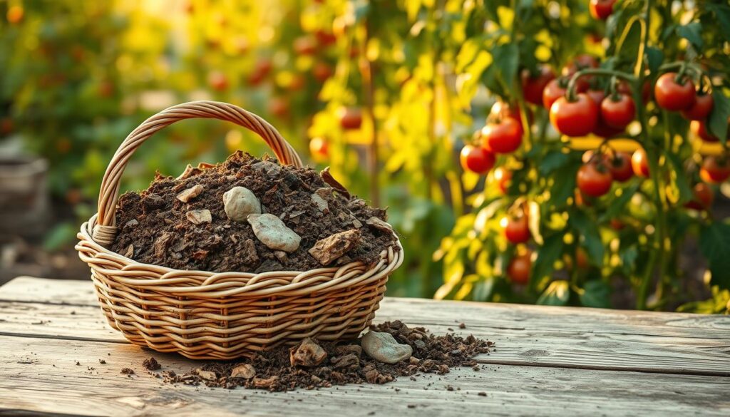 A wicker basket overflowing with freshly collected chicken manure, its earthy aroma wafting through the air. In the background, a lush vegetable garden awaits the nourishing compost, with ripe tomato vines reaching towards the warm, golden sunlight. The basket sits atop a wooden table, its weathered surface a testament to the passage of time and the hard work of the gardener. The scene is bathed in a soft, natural light, capturing the essence of organic gardening and the cycle of life that nourishes the soil. A sense of tranquility and abundance pervades the image, inviting the viewer to imagine the vibrant, healthy tomatoes that will soon grace the table. A wicker basket overflowing with freshly collected chicken manure, its earthy aroma wafting through the air. In the background, a lush vegetable garden awaits the nourishing compost, with ripe tomato vines reaching towards the warm, golden sunlight. The basket sits atop a wooden table, its weathered surface a testament to the passage of time and the hard work of the gardener. The scene is bathed in a soft, natural light, capturing the essence of organic gardening and the cycle of life that nourishes the soil. A sense of tranquility and abundance pervades the image, inviting the viewer to imagine the vibrant, healthy tomatoes that will soon grace the table.