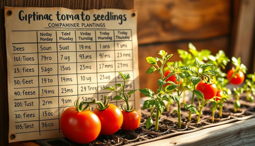 Detailed calendar showcasing the optimal sowing times for tomato seedlings, presented in a rustic, handwritten style. The foreground features a grid of sowing dates and companion planting suggestions, with a weathered wooden background. The middle ground showcases lush, vibrant tomato seedlings in various stages of growth, rendered in a botanical illustration style. The background blends earthy tones, creating a warm, inviting atmosphere reminiscent of a traditional gardener's almanac. Warm, natural lighting bathes the scene, enhancing the organic, handcrafted feel. The overall composition conveys the careful planning and seasonal rhythms essential for successful tomato cultivation. Detailed calendar showcasing the optimal sowing times for tomato seedlings, presented in a rustic, handwritten style. The foreground features a grid of sowing dates and companion planting suggestions, with a weathered wooden background. The middle ground showcases lush, vibrant tomato seedlings in various stages of growth, rendered in a botanical illustration style. The background blends earthy tones, creating a warm, inviting atmosphere reminiscent of a traditional gardener's almanac. Warm, natural lighting bathes the scene, enhancing the organic, handcrafted feel. The overall composition conveys the careful planning and seasonal rhythms essential for successful tomato cultivation.