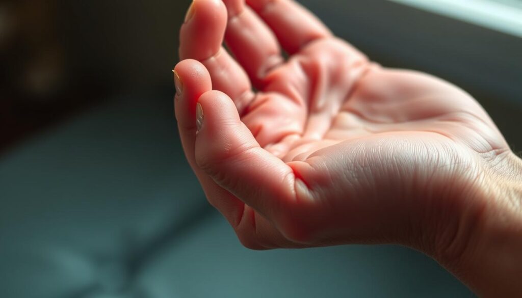 Detailed close-up of a human hand experiencing an allergic reaction, with red, swollen, and itchy skin. The fingers are slightly curled, showcasing the irritated palm. The background is blurred, drawing the viewer's attention to the focal point of the inflamed skin. Soft, natural lighting from the side creates depth and texture, emphasizing the sensitive, irritated state. The composition is tight, filling the frame with the affected hand, creating a sense of intimacy and empathy. The overall mood is one of discomfort and unease, reflecting the subject of the article's section on allergic reactions to tomatoes. Detailed close-up of a human hand experiencing an allergic reaction, with red, swollen, and itchy skin. The fingers are slightly curled, showcasing the irritated palm. The background is blurred, drawing the viewer's attention to the focal point of the inflamed skin. Soft, natural lighting from the side creates depth and texture, emphasizing the sensitive, irritated state. The composition is tight, filling the frame with the affected hand, creating a sense of intimacy and empathy. The overall mood is one of discomfort and unease, reflecting the subject of the article's section on allergic reactions to tomatoes.