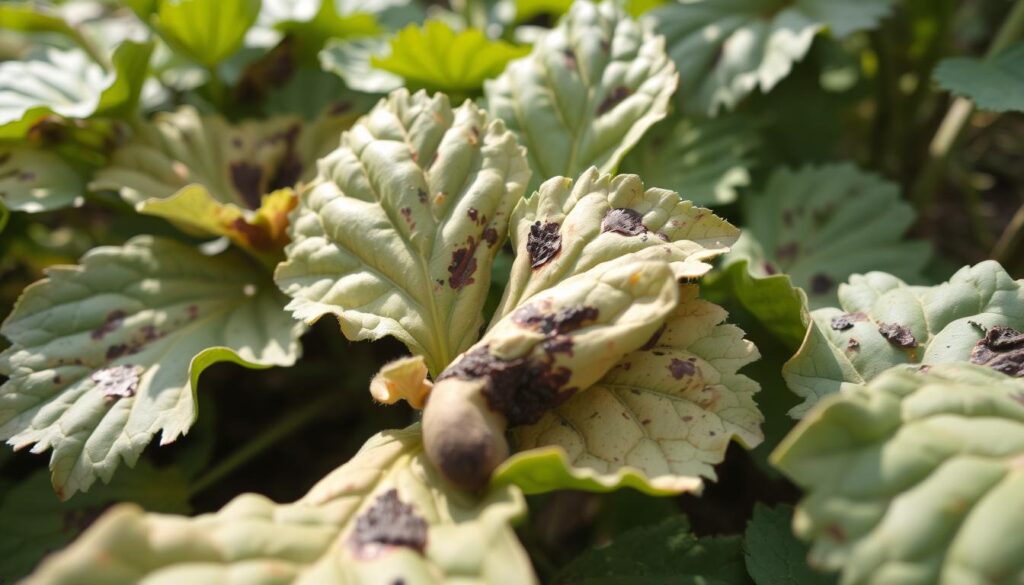 Detailed close-up of potato leaves affected by potato blight, shot in natural outdoor lighting with a shallow depth of field. Discolored, wilted foliage shows early signs of the fungal disease, with brown lesions and necrotic patches spreading across the surface. The middle ground features a mix of healthy and infected leaves, creating a sense of the progressive nature of the infection. The background is slightly blurred, maintaining the focus on the diseased plant material in the foreground. The overall mood is one of concern and the need for early detection of this problematic agricultural issue. Detailed close-up of potato leaves affected by potato blight, shot in natural outdoor lighting with a shallow depth of field. Discolored, wilted foliage shows early signs of the fungal disease, with brown lesions and necrotic patches spreading across the surface. The middle ground features a mix of healthy and infected leaves, creating a sense of the progressive nature of the infection. The background is slightly blurred, maintaining the focus on the diseased plant material in the foreground. The overall mood is one of concern and the need for early detection of this problematic agricultural issue.