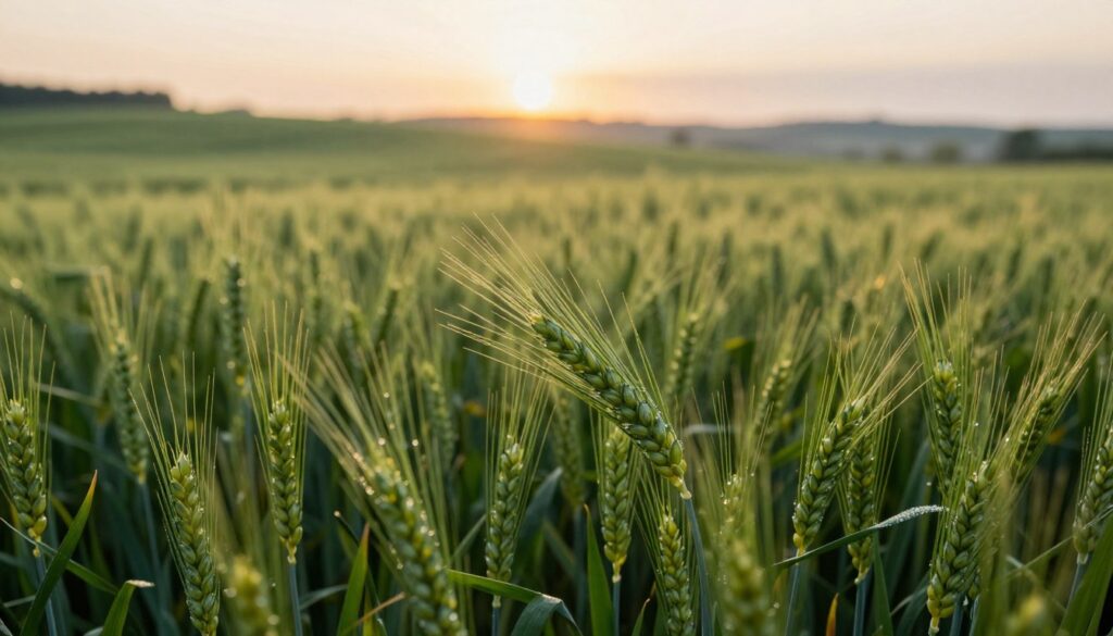 A beautiful landscape of winter wheat fields, showcasing vibrant green spikes swaying gently in the breeze. In the foreground, focus on the sharp, detailed texture of the wheat stalks, dew glistening in the early morning light. The middle ground features rolling hills of wheat, with varying shades of green indicating different growth stages, illustrating the concept of “ozime wegetacji.” In the background, a soft sunrise casts warm golden hues across the horizon, enhancing the peaceful atmosphere of the rural setting. Capture the scene with a shallow depth of field, emphasizing the wheat in the foreground while softly blurring the background. Aim for a serene and fertile mood, highlighting the potential and beauty of winter crops in agriculture. A beautiful landscape of winter wheat fields, showcasing vibrant green spikes swaying gently in the breeze. In the foreground, focus on the sharp, detailed texture of the wheat stalks, dew glistening in the early morning light. The middle ground features rolling hills of wheat, with varying shades of green indicating different growth stages, illustrating the concept of “ozime wegetacji.” In the background, a soft sunrise casts warm golden hues across the horizon, enhancing the peaceful atmosphere of the rural setting. Capture the scene with a shallow depth of field, emphasizing the wheat in the foreground while softly blurring the background. Aim for a serene and fertile mood, highlighting the potential and beauty of winter crops in agriculture.