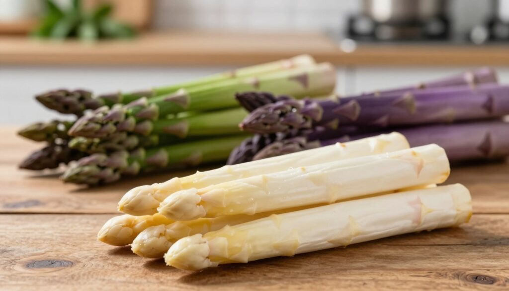 A beautifully arranged composition showcasing fresh white asparagus. In the foreground, several stalks of white asparagus are artistically placed on a rustic wooden table, their creamy texture glistening under soft, natural lighting. The middle ground features a vibrant green asparagus bunch and a striking purple asparagus bundle, illustrating the contrast in colors and highlighting differences in variety. The background includes a gently blurred kitchen setting with hints of herbs and cooking utensils, creating an inviting atmosphere. The scene is captured with a shallow depth of field, emphasizing the asparagus while allowing a warm, cozy ambiance. The overall mood reflects freshness and culinary delight, perfect for showcasing seasonal produce.