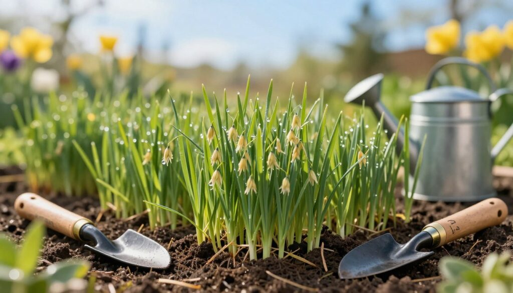 A beautifully arranged scene showcasing a vibrant green patch of "wielkanocny owies" (Easter oats) at various growth stages, emphasizing healthy, lush sprouts. In the foreground, delicate oats with soft green blades reaching out, dew drops glistening in the morning light. The middle ground features a variety of gardening tools like a trowel and a watering can, hinting at the cultivation process. In the background, a soft-focus garden setting with bright spring flowers and a clear blue sky enhances the atmosphere. The lighting is warm and natural, suggesting a peaceful morning. The overall mood is serene and inviting, perfect for illustrating the joy of gardening during Easter.