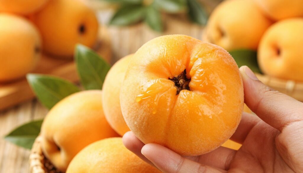 A close-up of ripe kaki fruits, showcasing their vibrant orange-yellow hue and glossy skin, with a few slightly wrinkled specimens to indicate perfect ripeness. In the foreground, a hand gently holds a kakis, emphasizing its smooth texture. The middle ground features a small basket filled with assorted ripe kaki, surrounded by fresh green leaves to highlight their natural origin. In the background, an abstract blur of a fruit market with warm, soft lighting creates an inviting atmosphere. The image should convey a sense of freshness and seasonal abundance, captured with a shallow depth of field to draw attention to the fruits. A soft golden light enhances the warmth and allure of the scene, evoking a feeling of autumn harvest. A close-up of ripe kaki fruits, showcasing their vibrant orange-yellow hue and glossy skin, with a few slightly wrinkled specimens to indicate perfect ripeness. In the foreground, a hand gently holds a kakis, emphasizing its smooth texture. The middle ground features a small basket filled with assorted ripe kaki, surrounded by fresh green leaves to highlight their natural origin. In the background, an abstract blur of a fruit market with warm, soft lighting creates an inviting atmosphere. The image should convey a sense of freshness and seasonal abundance, captured with a shallow depth of field to draw attention to the fruits. A soft golden light enhances the warmth and allure of the scene, evoking a feeling of autumn harvest.