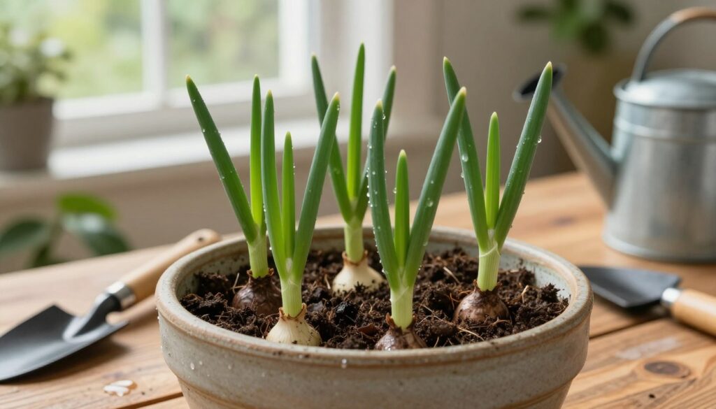 A close-up view of a ceramic pot with freshly planted green onion seedlings, focusing on their slender green stalks emerging from rich, dark soil. In the foreground, drops of water glisten on the leaves, indicating recent watering. The middle layer features the pot resting on a rustic wooden table, surrounded by gardening tools like a trowel and a watering can. In the background, soft natural light filters through a window, creating a warm and inviting atmosphere, with hints of lush greenery from plants outside. The overall mood conveys a sense of nurturing and growth, ideal for gardening enthusiasts eager to cultivate their green onions at home. The image is clear and well-composed, evoking a peaceful, domestic gardening scene. A close-up view of a ceramic pot with freshly planted green onion seedlings, focusing on their slender green stalks emerging from rich, dark soil. In the foreground, drops of water glisten on the leaves, indicating recent watering. The middle layer features the pot resting on a rustic wooden table, surrounded by gardening tools like a trowel and a watering can. In the background, soft natural light filters through a window, creating a warm and inviting atmosphere, with hints of lush greenery from plants outside. The overall mood conveys a sense of nurturing and growth, ideal for gardening enthusiasts eager to cultivate their green onions at home. The image is clear and well-composed, evoking a peaceful, domestic gardening scene.
