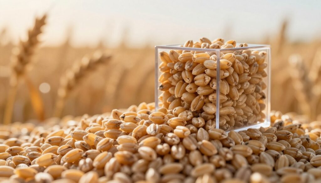 A close-up view of a cubic meter of wheat grain, showcasing its density and texture. The foreground features grains of wheat piled together, highlighting their individual shapes and golden color. In the middle ground, a transparent measuring cube filled with the wheat, allowing visibility into its volume and density. In the background, a blurred field of wheat under a soft golden hour light, adding warmth and context. The scene is captured from a low angle, emphasizing the grains' texture and creating a sense of depth. The atmosphere is calm and professional, suited for an educational setting, without any text or distractions in the composition.