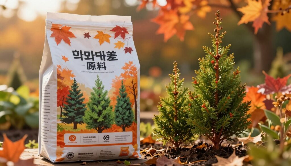 A close-up view of a fall fertilizer specifically designed for coniferous trees, featuring a bag prominently displayed in the foreground, showcasing vibrant autumn colors like orange and red in the background. The bag should have an inviting design, with meticulous details such as nutrient composition and imagery of healthy, thriving conifer trees (such as Thuja). The middle ground can include a small garden setting with conifer plants being nourished by the fertilizer, softly illuminated by warm, golden hour sunlight to create an inviting atmosphere. The scene should evoke a sense of care and attention to nature, ideal for gardening enthusiasts, captured with a shallow depth of field to emphasize the fertilizer and plants in crisp detail against a beautifully blurred autumn landscape. A close-up view of a fall fertilizer specifically designed for coniferous trees, featuring a bag prominently displayed in the foreground, showcasing vibrant autumn colors like orange and red in the background. The bag should have an inviting design, with meticulous details such as nutrient composition and imagery of healthy, thriving conifer trees (such as Thuja). The middle ground can include a small garden setting with conifer plants being nourished by the fertilizer, softly illuminated by warm, golden hour sunlight to create an inviting atmosphere. The scene should evoke a sense of care and attention to nature, ideal for gardening enthusiasts, captured with a shallow depth of field to emphasize the fertilizer and plants in crisp detail against a beautifully blurred autumn landscape.