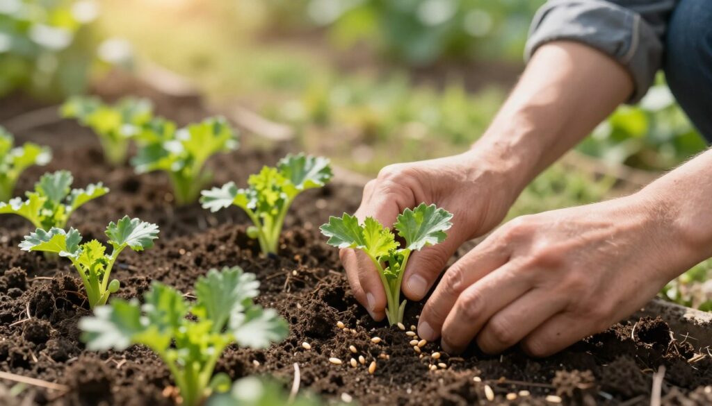 A close-up view of a gardener's hands gently planting celery seeds in rich, dark soil, surrounded by small seedlings with vibrant green leaves emerging. The foreground features detailed textures of the soil and seeds, while the middle ground showcases healthy, young celery plants under soft natural sunlight. In the background, a serene garden setting with a blurred effect, indicating a warm sunny day, lending a sense of growth and nurturing. The scene captures a peaceful, focused atmosphere with a slight depth of field, emphasizing the process of planting and caring for seedlings. The lighting is warm, highlighting the freshness of the soil and the vitality of the plants, encouraging a sense of hope and growth.