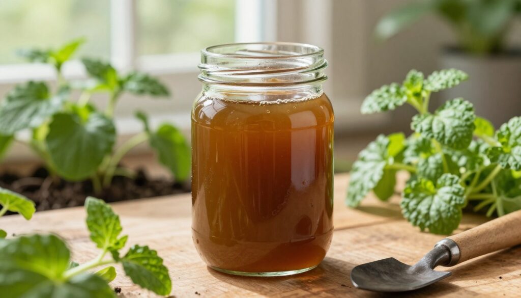 A close-up view of a glass jar filled with a rich, brown liquid, representing fermented yeast fertilizer. The jar is placed on a wooden table, surrounded by fresh green plants and herbs showcasing healthy growth, emphasizing the benefits of using the fertilizer. In the background, soft daylight filters through a window, casting gentle shadows and creating a warm, inviting atmosphere. A rustic gardening tool is partially visible, hinting at the context of gardening and nurturing plants. The overall mood is vibrant and organic, focusing on the relationship between the liquid fertilizer and thriving greenery. The composition should be clear and detailed, emphasizing the texture and colors of the liquid and surrounding plants, captured with a shallow depth of field to highlight the foreground elements.