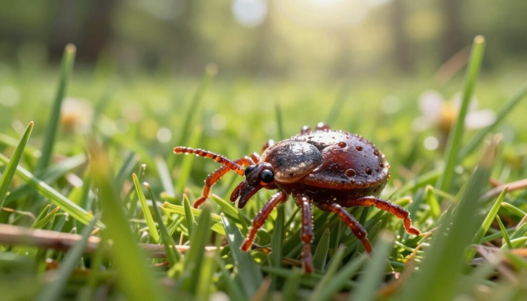 A close-up view of a lone tick, displaying its detailed anatomy, including its eight legs, shiny exoskeleton, and distinctive mouthparts, set against a lush green grassy background. The foreground captures the tick in sharp focus, emphasizing its small size and texture, while the middle ground softens into blurred blades of grass and wildflowers to illustrate the tick's natural habitat. The background features a soft-focus panorama of a sunlit forest, creating a warm and inviting atmosphere. The lighting is bright and natural, reminiscent of a sunny day, highlighting the tick's features and creating gentle shadows that add depth. The image conveys a sense of curiosity and caution, suitable for an educational context on ticks and their behavior.