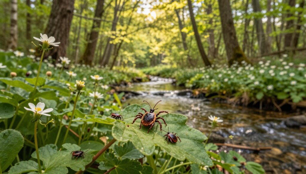 A close-up view of a lush green forest floor during early spring, showcasing a variety of plants and wildflowers. The foreground features a few realistic, detailed ticks crawling on a leaf, emphasizing their presence. In the middle ground, a gentle stream flows, reflecting the soft sunlight filtering through the tree canopy, creating dappled light patterns. The background consists of tall trees full of fresh green foliage, evoking a sense of renewal and the onset of tick activity. The lighting is warm and inviting, suggesting a calm atmosphere, but subtly hinting at the vigilance required during peak tick season. The overall composition should evoke a balance between the beauty of nature and the awareness of ticks as a seasonal concern, framed with a slightly shallow depth of field to draw focus on the ticks.