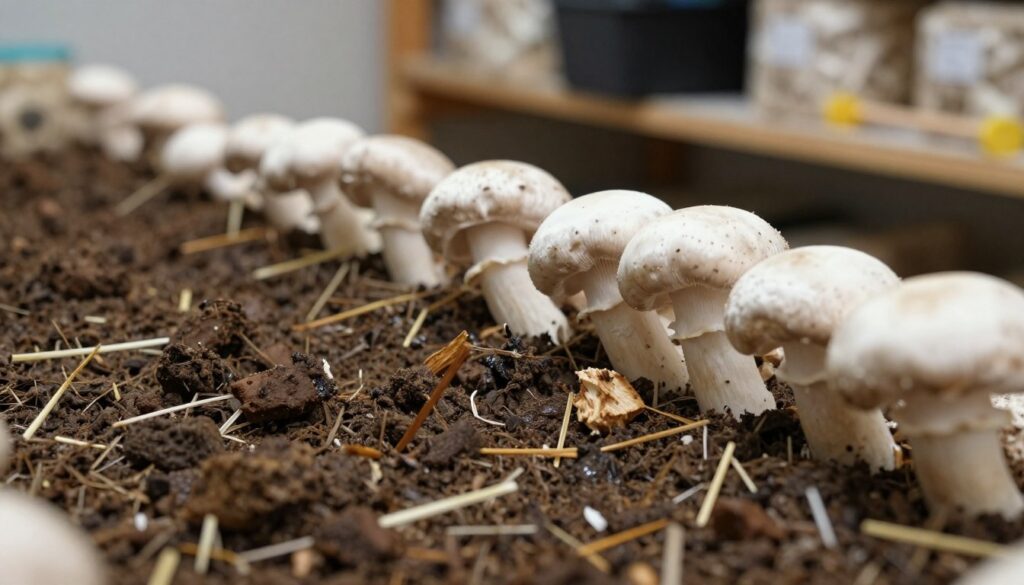 A close-up view of a rich and textured substrate for growing mushrooms, specifically designed for cultivating champignon mushrooms. In the foreground, display a pile of dark, well-moistened compost mixed with straw, showing the earthy tones and a few pieces of decomposed matter. The middle ground should depict mushrooms breaking through the surface, showcasing their white caps and delicate stems, suggesting activity and growth. In the background, soft-focus elements like a wooden shelf filled with mushroom cultivation tools and containers provide context without distraction. Utilize soft, diffuse lighting to create a warm atmosphere, emphasizing the natural and organic feel of the substrate. The image should have a shallow depth of field to draw attention to the foreground while maintaining clarity in the background.