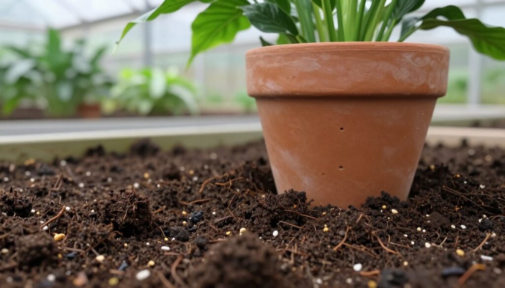 A close-up view of a rich, fertile potting soil mixture ideal for the growth of a Spathiphyllum (peace lily) plant. The foreground features details of dark, soft earth with organic matter, well-aerated and moist, showcasing small granules of fertilizer mixed in. In the middle ground, a terracotta pot sits prominently, displaying its drainage holes and healthy plants peeking over the rim. In the background, a softly blurred greenhouse scene hints at optimal growing conditions, with diffused natural light filtering through glass, creating an inviting atmosphere. The overall mood is nurturing and versatile, emphasizing the importance of balanced substrate and drainage for plant health. A close-up view of a rich, fertile potting soil mixture ideal for the growth of a Spathiphyllum (peace lily) plant. The foreground features details of dark, soft earth with organic matter, well-aerated and moist, showcasing small granules of fertilizer mixed in. In the middle ground, a terracotta pot sits prominently, displaying its drainage holes and healthy plants peeking over the rim. In the background, a softly blurred greenhouse scene hints at optimal growing conditions, with diffused natural light filtering through glass, creating an inviting atmosphere. The overall mood is nurturing and versatile, emphasizing the importance of balanced substrate and drainage for plant health.
