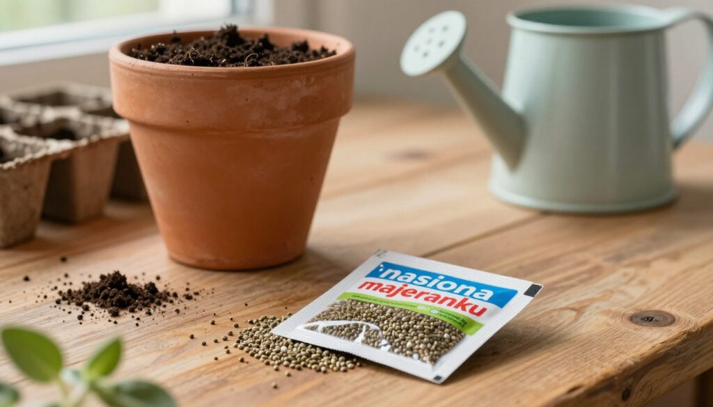 A close-up view of a small, round packet of "nasiona majeranku" (oregano seeds), its label printed with vibrant colors, lying on a rustic wooden table. In the background, a terracotta pot filled with rich, dark soil is prepared for planting, with a few seed trays and a watering can nearby. Soft, natural light spills in from a window, illuminating the seeds, highlighting their texture and shape. The atmosphere conveys a sense of warmth and gardening enthusiasm, evoking an inviting indoor planting space. A shallow depth of field blurs the background slightly, drawing the viewer's focus to the seeds and the pot, making it perfect for an article section about sowing oregano seeds step-by-step. A close-up view of a small, round packet of "nasiona majeranku" (oregano seeds), its label printed with vibrant colors, lying on a rustic wooden table. In the background, a terracotta pot filled with rich, dark soil is prepared for planting, with a few seed trays and a watering can nearby. Soft, natural light spills in from a window, illuminating the seeds, highlighting their texture and shape. The atmosphere conveys a sense of warmth and gardening enthusiasm, evoking an inviting indoor planting space. A shallow depth of field blurs the background slightly, drawing the viewer's focus to the seeds and the pot, making it perfect for an article section about sowing oregano seeds step-by-step.