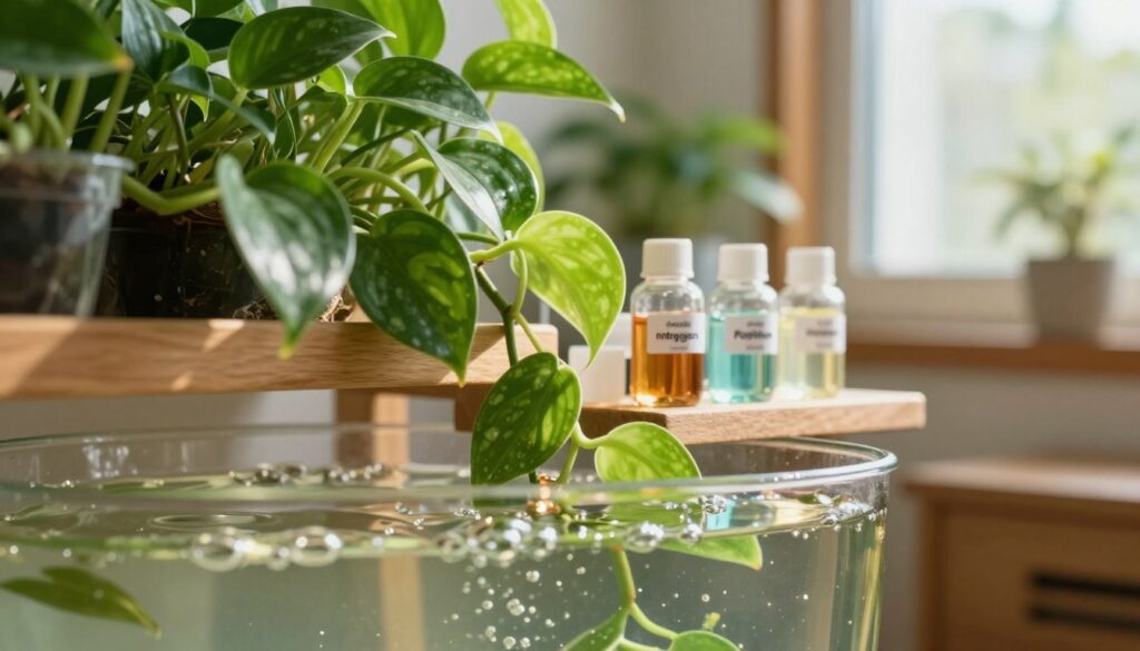 A close-up view of a vibrant, flourishing oplątwa plant, elegantly cascading down from a wooden shelf. The foreground features nutrient-rich water, with tiny bubbles indicating aeration, reflecting sunlight. In the middle ground, small glass containers holding various liquid fertilizers, each one labeled with different essential nutrients—nitrogen, potassium, phosphorus—directly relate to plant nourishment. The background softly transitions to a cozy indoor setting, with warm, natural light streaming through a window, creating a serene atmosphere. The overall mood is tranquil and nurturing, ideal for showcasing plant care. Capture this scene with a soft-focus effect to emphasize the plant, with a perspective that highlights the beauty of the oplątwa and its critical nourishment process. A close-up view of a vibrant, flourishing oplątwa plant, elegantly cascading down from a wooden shelf. The foreground features nutrient-rich water, with tiny bubbles indicating aeration, reflecting sunlight. In the middle ground, small glass containers holding various liquid fertilizers, each one labeled with different essential nutrients—nitrogen, potassium, phosphorus—directly relate to plant nourishment. The background softly transitions to a cozy indoor setting, with warm, natural light streaming through a window, creating a serene atmosphere. The overall mood is tranquil and nurturing, ideal for showcasing plant care. Capture this scene with a soft-focus effect to emphasize the plant, with a perspective that highlights the beauty of the oplątwa and its critical nourishment process.