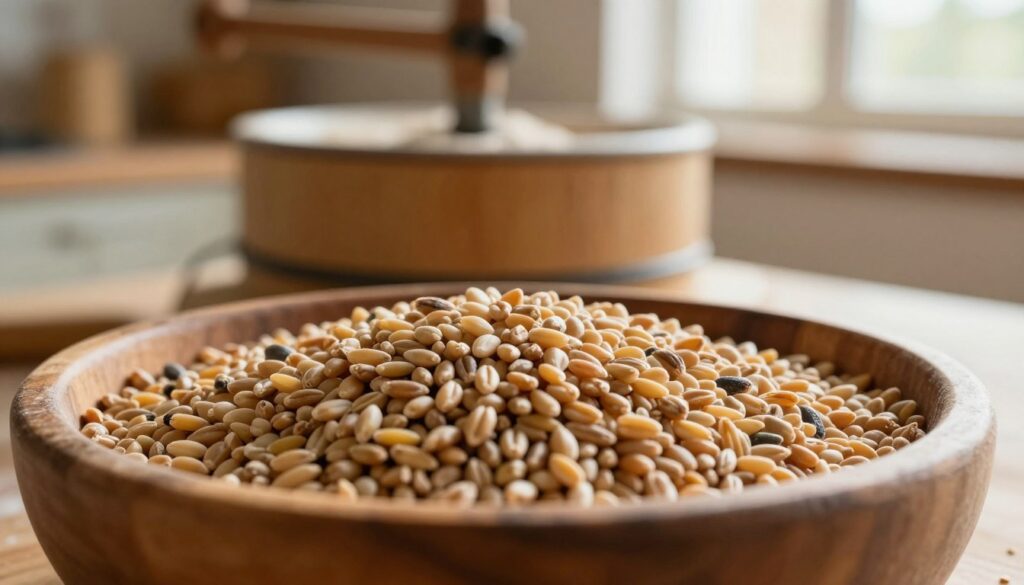 A close-up view of a wooden bowl filled with various grains ready for milling, such as wheat, barley, and rye. The foreground features a detailed texture of the grains, showcasing their colors and shapes. In the middle ground, a rustic hand mill sits, emphasizing the traditional method of milling. The background subtly blurs to reveal a warm, inviting kitchen atmosphere with natural light streaming in through a window, casting soft shadows. The scene exudes a sense of freshness and purity, reflecting the essence of milling grains into flour. The composition is warm and earthy, emphasizing the importance of quality ingredients for making valuable flour. The overall mood is serene and artisanal, inviting the viewer to appreciate the process of selecting and milling grains. A close-up view of a wooden bowl filled with various grains ready for milling, such as wheat, barley, and rye. The foreground features a detailed texture of the grains, showcasing their colors and shapes. In the middle ground, a rustic hand mill sits, emphasizing the traditional method of milling. The background subtly blurs to reveal a warm, inviting kitchen atmosphere with natural light streaming in through a window, casting soft shadows. The scene exudes a sense of freshness and purity, reflecting the essence of milling grains into flour. The composition is warm and earthy, emphasizing the importance of quality ingredients for making valuable flour. The overall mood is serene and artisanal, inviting the viewer to appreciate the process of selecting and milling grains.