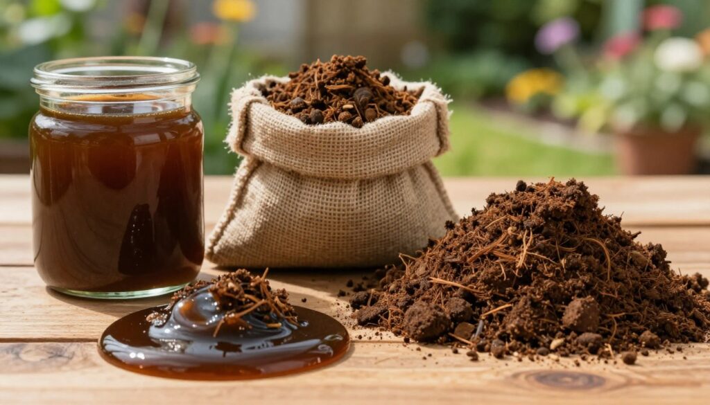 A close-up view of biohumus in three forms: deep brown liquid biohumus in a glass container, dry granular vermicompost in a small burlap sack, and a mound of finely textured granulated biohumus on a wooden table, showcasing their rich, earthy colors. In the foreground, enhance the details of the liquid reflecting light, creating glints. In the middle ground, the burlap sack and mound have natural textures, illustrating their organic quality. The background features a softly blurred garden setting with greenery and flowering plants, to evoke an atmosphere of a thriving garden ecosystem. The lighting is warm and natural, capturing the essence of a sunlit day, inviting and nurturing. A close-up view of biohumus in three forms: deep brown liquid biohumus in a glass container, dry granular vermicompost in a small burlap sack, and a mound of finely textured granulated biohumus on a wooden table, showcasing their rich, earthy colors. In the foreground, enhance the details of the liquid reflecting light, creating glints. In the middle ground, the burlap sack and mound have natural textures, illustrating their organic quality. The background features a softly blurred garden setting with greenery and flowering plants, to evoke an atmosphere of a thriving garden ecosystem. The lighting is warm and natural, capturing the essence of a sunlit day, inviting and nurturing.