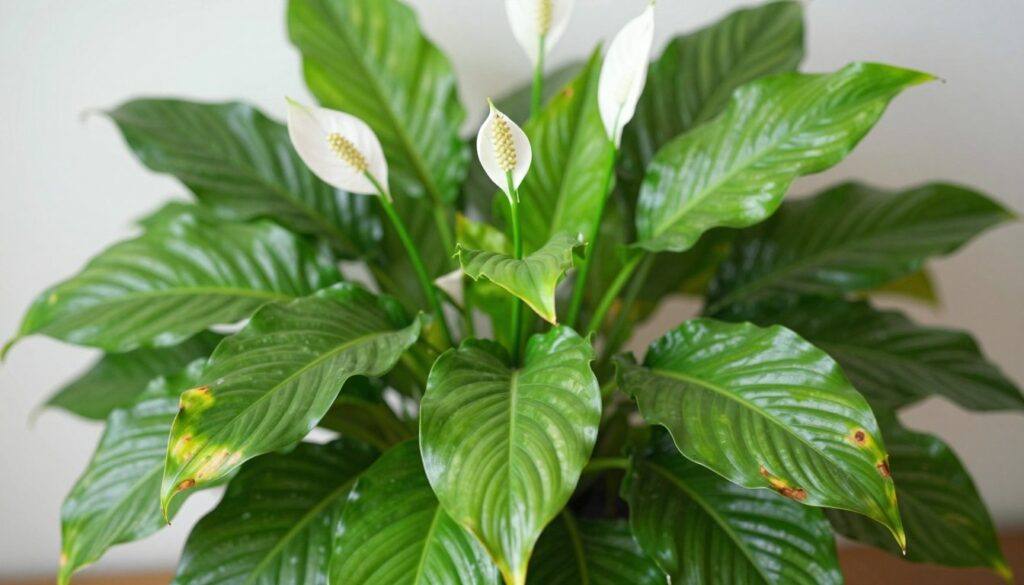 A close-up view of healthy and vibrant Spathiphyllum leaves, commonly known as peace lily. The foreground features lush, glossy green leaves with rich textures, displaying slight variations in shades of green. Some leaves show subtle signs of distress, such as yellowing edges or brown spots, indicating nutrient deficiencies or care mistakes. In the middle ground, delicate white flowers bloom, adding contrast to the foliage. The background is softly blurred, resembling a well-lit indoor environment to evoke a serene atmosphere. Utilize soft, diffused lighting to enhance the natural beauty of the plant. The angle should be slightly above the leaves, capturing both the intricate details and the plant's overall form, suggesting a nurturing yet informative vibe. A close-up view of healthy and vibrant Spathiphyllum leaves, commonly known as peace lily. The foreground features lush, glossy green leaves with rich textures, displaying slight variations in shades of green. Some leaves show subtle signs of distress, such as yellowing edges or brown spots, indicating nutrient deficiencies or care mistakes. In the middle ground, delicate white flowers bloom, adding contrast to the foliage. The background is softly blurred, resembling a well-lit indoor environment to evoke a serene atmosphere. Utilize soft, diffused lighting to enhance the natural beauty of the plant. The angle should be slightly above the leaves, capturing both the intricate details and the plant's overall form, suggesting a nurturing yet informative vibe.