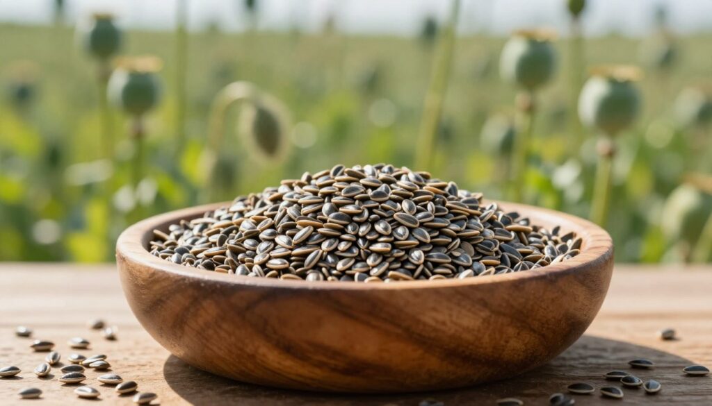 A close-up view of high-quality poppy seeds (nasiona maku) in a rustic wooden bowl, with scattered seeds around the bowl enhancing the scene. In the foreground, the seeds are sharply in focus, showcasing their texture and unique shape. The middle ground features a soft, blurred background of a sunlit farmer’s field with green poppy plants swaying gently, hinting at their potential for cultivation in Poland. A natural, warm light illuminates the scene, casting gentle shadows that add depth. The atmosphere conveys a sense of calm and connection to nature, ideal for an article about the legal aspects and cultivation of poppies. A close-up view of high-quality poppy seeds (nasiona maku) in a rustic wooden bowl, with scattered seeds around the bowl enhancing the scene. In the foreground, the seeds are sharply in focus, showcasing their texture and unique shape. The middle ground features a soft, blurred background of a sunlit farmer’s field with green poppy plants swaying gently, hinting at their potential for cultivation in Poland. A natural, warm light illuminates the scene, casting gentle shadows that add depth. The atmosphere conveys a sense of calm and connection to nature, ideal for an article about the legal aspects and cultivation of poppies.