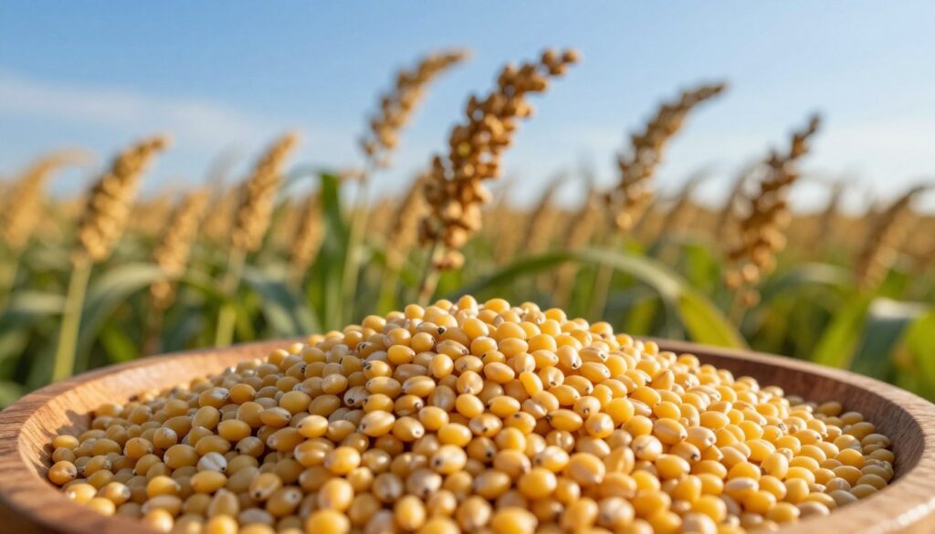 A close-up view of proso (Panicum miliaceum) grains, showcasing their distinctive round, golden-yellow kernels with a soft sheen. In the foreground, a handful of proso grains spills from a rustic wooden bowl, highlighting their texture. The middle ground features a lush field of proso plants swaying gently in a light breeze, with their green leaves contrasted against the vibrant blue sky. A warm, golden sunlight bathes the scene, creating a serene atmosphere that captures the essence of a sunny harvest day. The image is shot from a low angle to emphasize the grains and plants, conveying their importance in traditional agriculture. Soft focus in the background adds depth, creating a tranquil and inviting mood. A close-up view of proso (Panicum miliaceum) grains, showcasing their distinctive round, golden-yellow kernels with a soft sheen. In the foreground, a handful of proso grains spills from a rustic wooden bowl, highlighting their texture. The middle ground features a lush field of proso plants swaying gently in a light breeze, with their green leaves contrasted against the vibrant blue sky. A warm, golden sunlight bathes the scene, creating a serene atmosphere that captures the essence of a sunny harvest day. The image is shot from a low angle to emphasize the grains and plants, conveying their importance in traditional agriculture. Soft focus in the background adds depth, creating a tranquil and inviting mood.