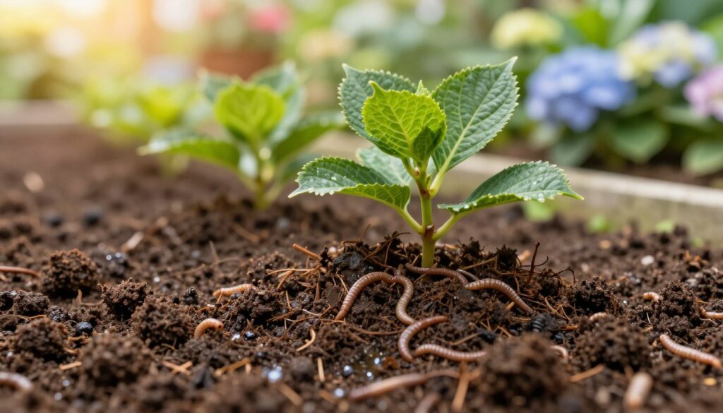 A close-up view of rich, vibrant soil specifically prepared for hydrangeas. In the foreground, showcase dark, loamy soil with visible organic matter, tiny earthworms, and a handful of rich compost. In the middle, depict faintly rooted hydrangea plants, with broad green leaves starting to emerge, suggesting the perfect rooting conditions. In the background, a softly blurred garden setting with other flowering plants, gentle sunlight casting a warm glow to create a serene atmosphere. Emphasize the soil's moist texture, with small droplets of water reflecting light, illustrating its ideal pH, fertility, and drainage properties. The image should evoke a sense of vitality and readiness for planting, capturing the essence of a healthy gardening environment.