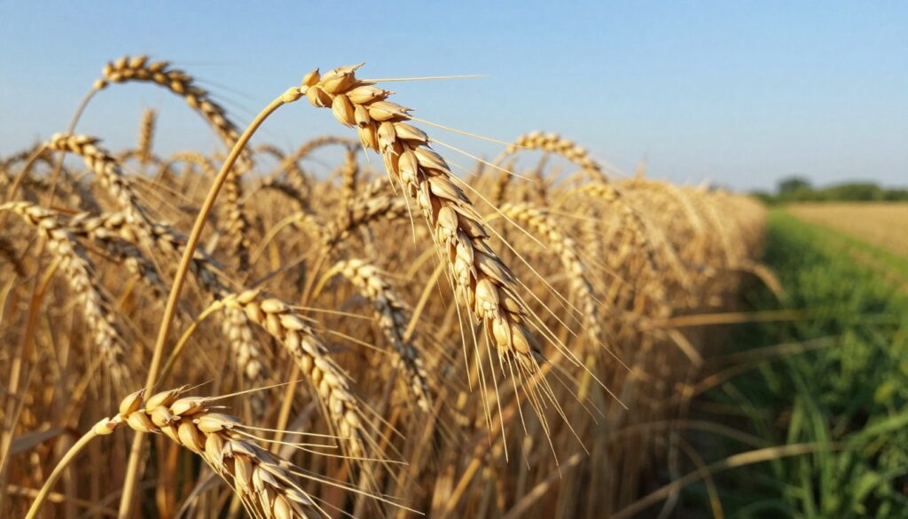 A close-up view of ripe rye spikes (żyto kłos) swaying gently in a sunlit field, showcasing their distinct elongated, slender shape and unique structure. The foreground includes detailed texture of individual rye grains, glistening under warm afternoon sunlight. In the middle ground, a vibrant green landscape with rows of golden rye, contrasted against a clear blue sky forms the backdrop. The lighting is soft yet bright, illuminating the grains and enhancing their earthy tones. The atmosphere is serene and rural, conveying the essence of a thriving harvest. Capture this from a slightly elevated angle to create a sense of depth, focusing on the fertility and richness of the rye field, emphasizing its characteristics in contrast to nearby wheat and barley.