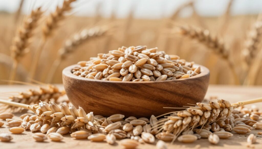 A close-up view of spelt grains, showcasing their unique, elongated shape and rich, nutty color. In the foreground, a handful of freshly harvested spelt grains glistens under soft, natural light, highlighting their texture. The middle layer features a rustic wooden bowl filled with more grains, surrounded by a few scattered kernels. In the background, a blurred field of wheat and rye sways gently in the breeze, suggesting a bountiful harvest. The scene is warm and inviting, evoking a sense of tradition and wholesome agriculture. Use a shallow depth of field to emphasize the foreground details while gently fading the background, creating a serene and focused atmosphere. The lighting is soft and diffuse, reminiscent of late afternoon sun. A close-up view of spelt grains, showcasing their unique, elongated shape and rich, nutty color. In the foreground, a handful of freshly harvested spelt grains glistens under soft, natural light, highlighting their texture. The middle layer features a rustic wooden bowl filled with more grains, surrounded by a few scattered kernels. In the background, a blurred field of wheat and rye sways gently in the breeze, suggesting a bountiful harvest. The scene is warm and inviting, evoking a sense of tradition and wholesome agriculture. Use a shallow depth of field to emphasize the foreground details while gently fading the background, creating a serene and focused atmosphere. The lighting is soft and diffuse, reminiscent of late afternoon sun.