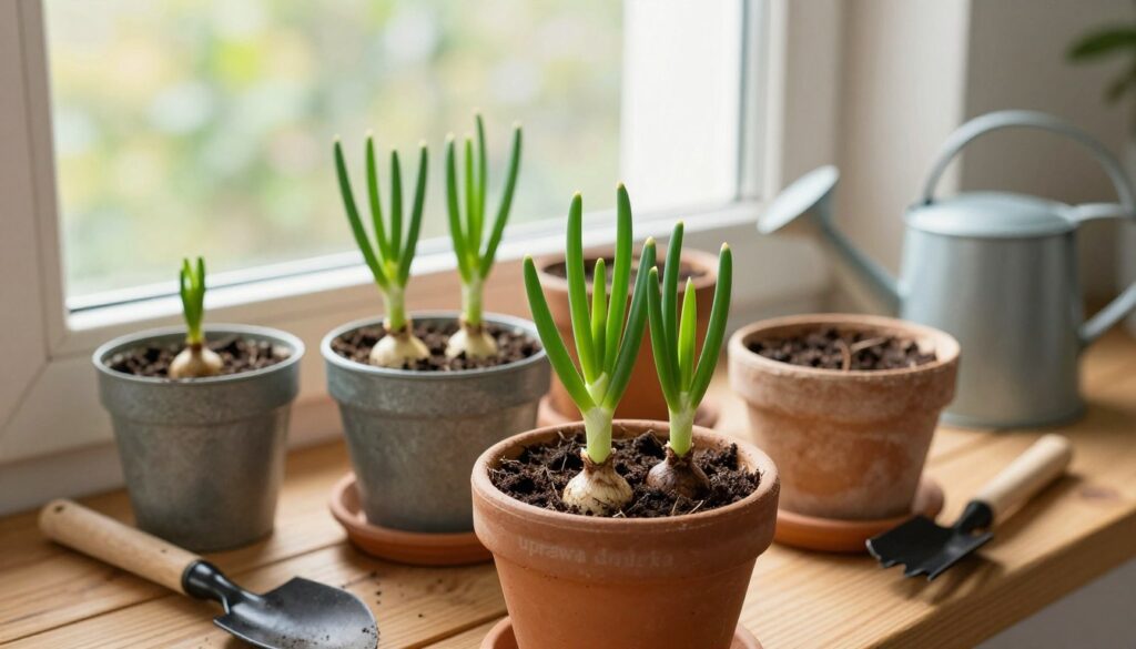 A cozy indoor gardening scene featuring a vibrant "uprawa doniczka," with several small pots of green onion (cebula dymka) arranged on a wooden windowsill. In the foreground, the focus is on a pot with rich, dark soil and healthy green onion shoots, their bright green leaves standing tall. The middle layer shows a few other pots with varying stages of growth, surrounded by small gardening tools and a watering can, highlighting care for the plants. In the background, soft, natural sunlight floods the scene through the window, creating a warm and inviting atmosphere. The lens captures close details of the plants, with a slight bokeh effect on the background for depth, evoking a sense of tranquility and nurturing in a home environment. A cozy indoor gardening scene featuring a vibrant "uprawa doniczka," with several small pots of green onion (cebula dymka) arranged on a wooden windowsill. In the foreground, the focus is on a pot with rich, dark soil and healthy green onion shoots, their bright green leaves standing tall. The middle layer shows a few other pots with varying stages of growth, surrounded by small gardening tools and a watering can, highlighting care for the plants. In the background, soft, natural sunlight floods the scene through the window, creating a warm and inviting atmosphere. The lens captures close details of the plants, with a slight bokeh effect on the background for depth, evoking a sense of tranquility and nurturing in a home environment.