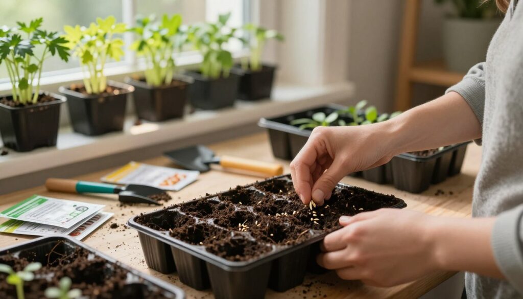 A cozy indoor gardening scene illustrating the step-by-step process of sowing celery seeds for seedlings. In the foreground, a person in modest casual clothing gently places seeds into small seedling trays filled with rich, dark soil. Their hands are focused and deliberate, showcasing care for the plants. In the middle ground, a well-organized planting table displays gardening tools, seed packets, and trays under soft, warm lighting, creating an inviting atmosphere. The background features a sunny window with pots of vibrant green seedlings growing under grow lights, casting gentle shadows. The overall mood is nurturing and productive, emphasizing the joy of home gardening.