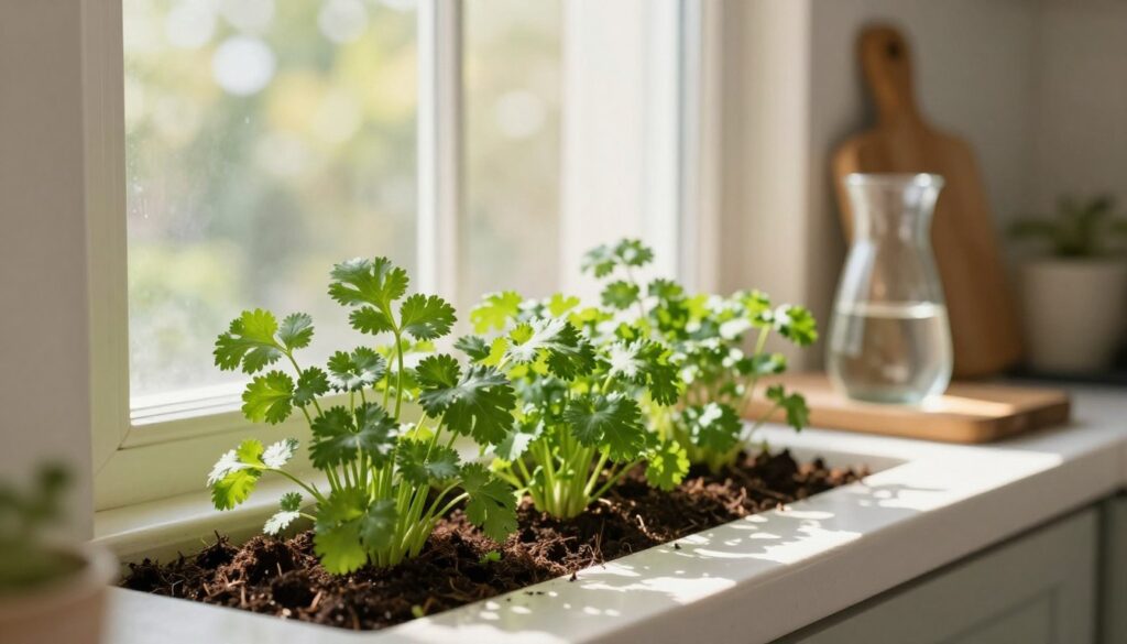 A cozy indoor scene featuring a well-lit windowsill with a flourishing pot of cilantro (kolendra). In the foreground, showcase lush green cilantro leaves thriving in a rich, dark potting soil. The middle section should depict a sunlit window with gentle sunlight streaming through sheer curtains, creating a warm and inviting atmosphere. A soft-focus background reveals a few rustic kitchen items, like a wooden cutting board and a small glass jug of water, suggesting a homey feel. The overall color palette should be bright and fresh, evoking a sense of vitality. The scene should feel serene and nurturing, emphasizing optimal light conditions for plant growth, with no human presence in the image.
