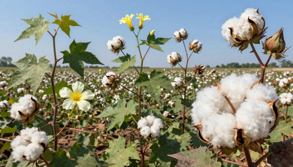 A detailed botanical illustration showcasing various species and varieties of cotton plants, highlighting their unique leaf shapes, blossoms, and fluffy cotton bolls. In the foreground, focus on a vibrant cotton boll bursting open, revealing its soft, white fibers. In the middle, display several lush cotton plants with green foliage and delicate white and yellow flowers. In the background, create a sunlit cotton field stretching toward the horizon, with a clear blue sky above. Use natural lighting to emphasize the textures and colors, capturing the serene and lively atmosphere of a cotton farm. The composition should feel both educational and inviting, ideal for a botanical exploration. A detailed botanical illustration showcasing various species and varieties of cotton plants, highlighting their unique leaf shapes, blossoms, and fluffy cotton bolls. In the foreground, focus on a vibrant cotton boll bursting open, revealing its soft, white fibers. In the middle, display several lush cotton plants with green foliage and delicate white and yellow flowers. In the background, create a sunlit cotton field stretching toward the horizon, with a clear blue sky above. Use natural lighting to emphasize the textures and colors, capturing the serene and lively atmosphere of a cotton farm. The composition should feel both educational and inviting, ideal for a botanical exploration.